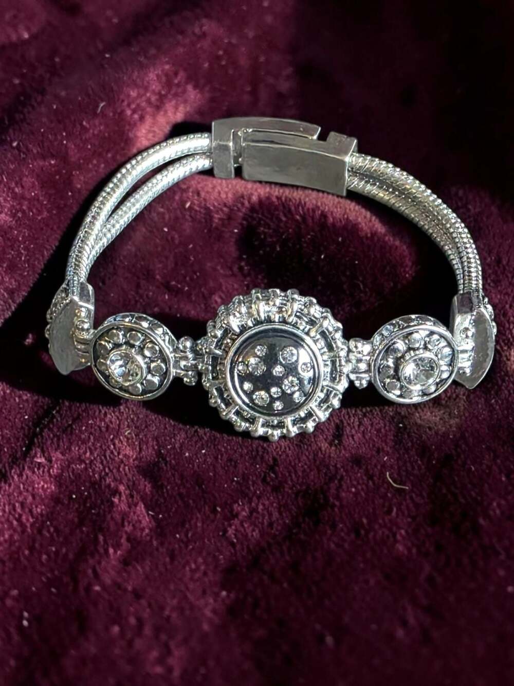Silver  Rhinestone Medallion Double Snake Chain Statement Bracelet